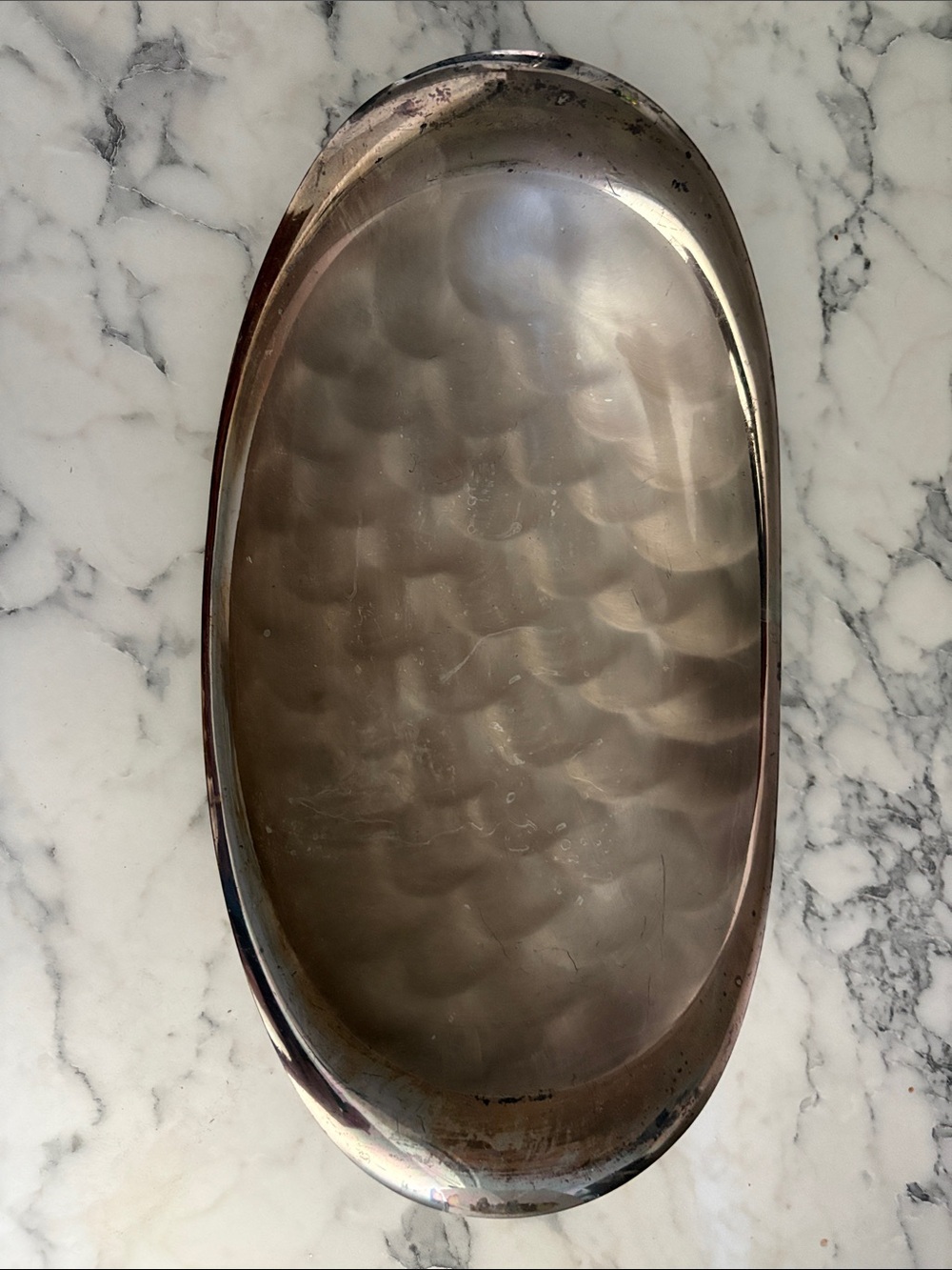 Vintage Hammered Oval Metal Tray - Silver Tone